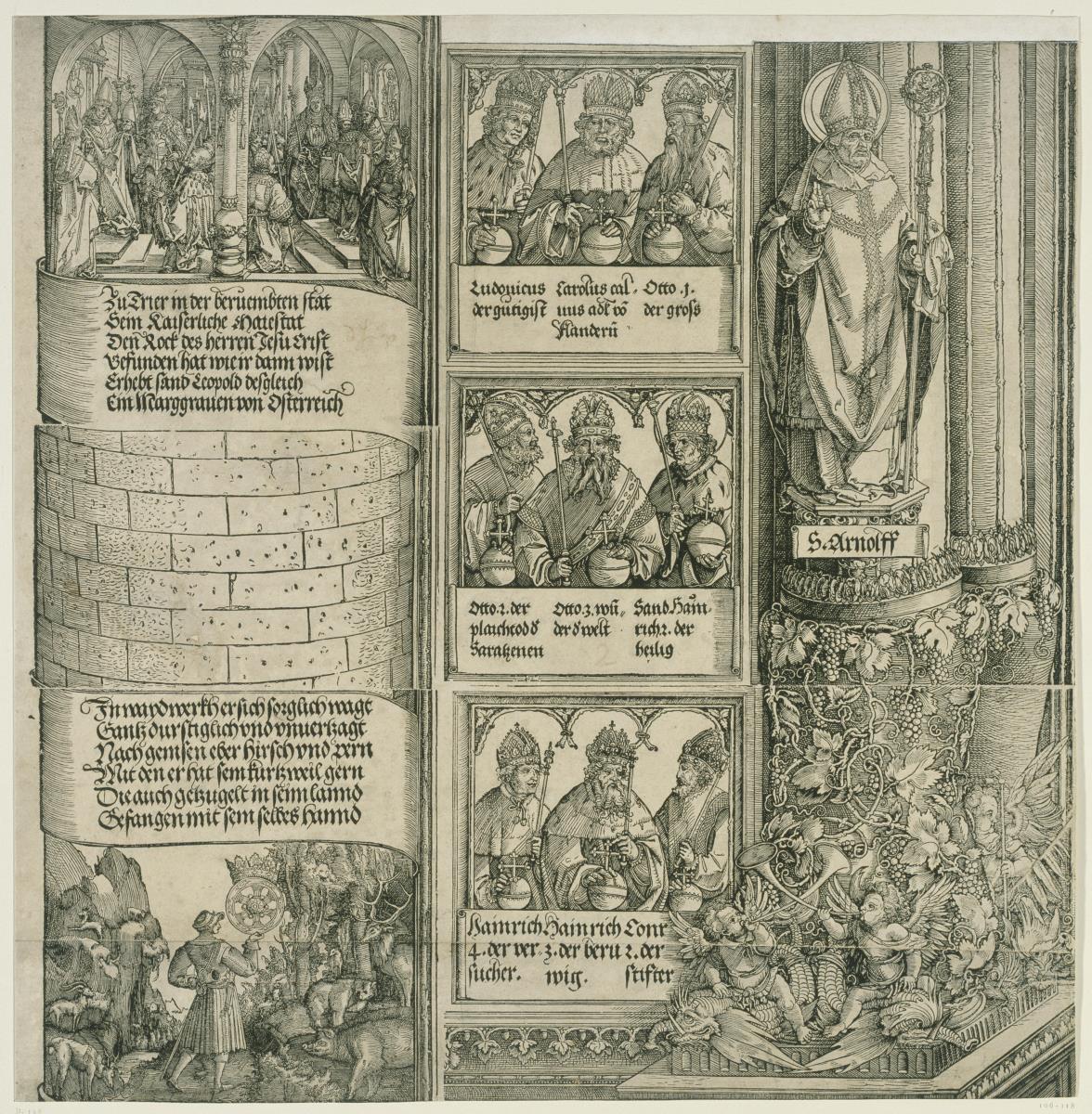 Der Triumphbogen des Kaisers Maximilian I. (17): Die Basis der linken Außensäule, Mauerstück mit drei Kaiserreliefs und unterer Abschnitt des Turms mit zwei historischen Szenen