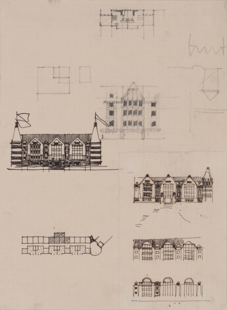 Marienbad, Projekt Kurhotel in Königswart, vorbereitende Skizze, neun Grundriss und Fassadendetails