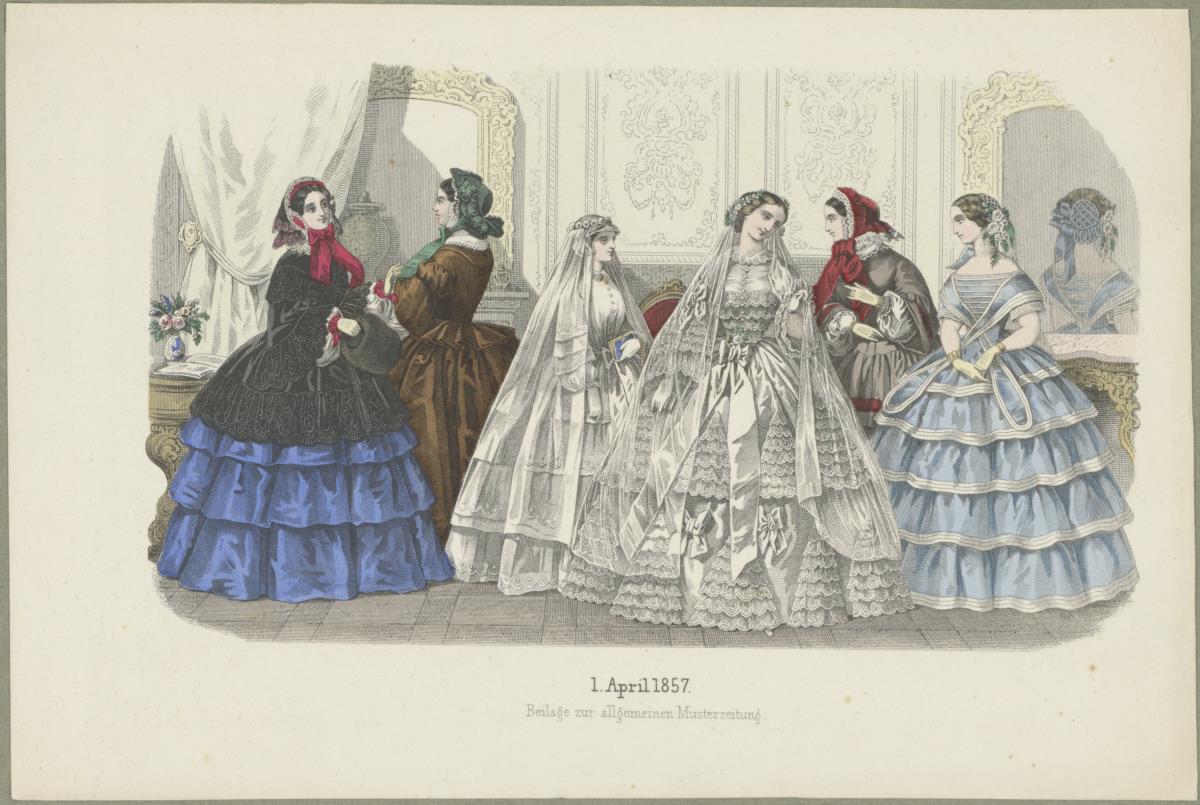 Allgemeine Musterzeitung April 1857: fünf Damen in Promenaden-, Besuchs-, Hochzeits- und Balltoiletten, ein Mädchen in Firmungstoilette