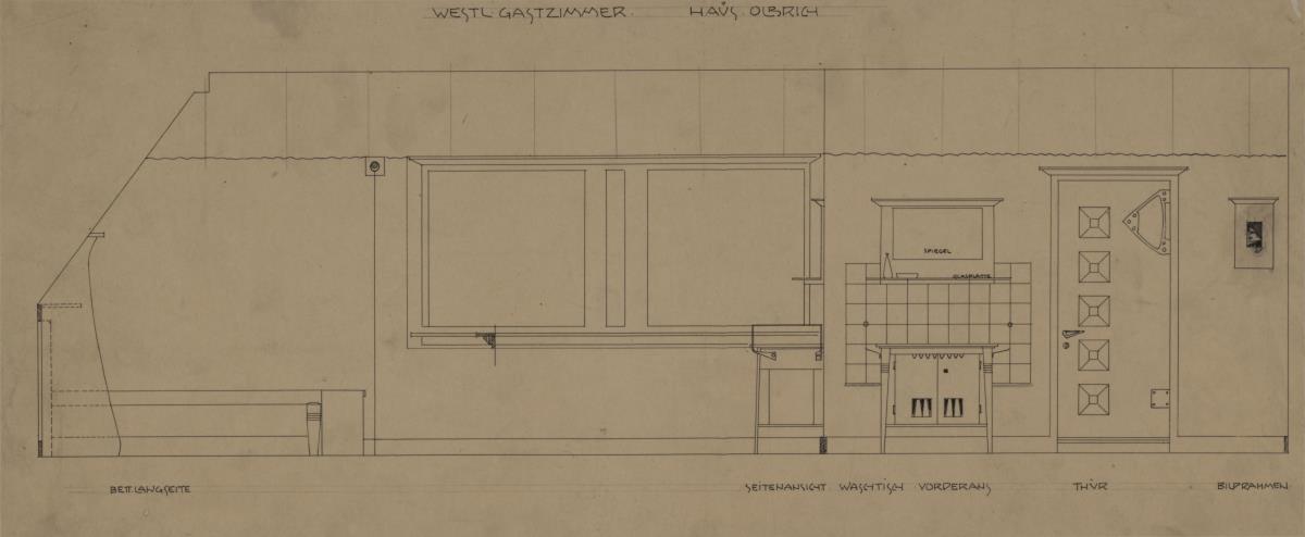 Darmstadt, Wohnhaus Olbrich, Dachgeschoss, Rotes Zimmer, Aufrisse der West- und Nordwand