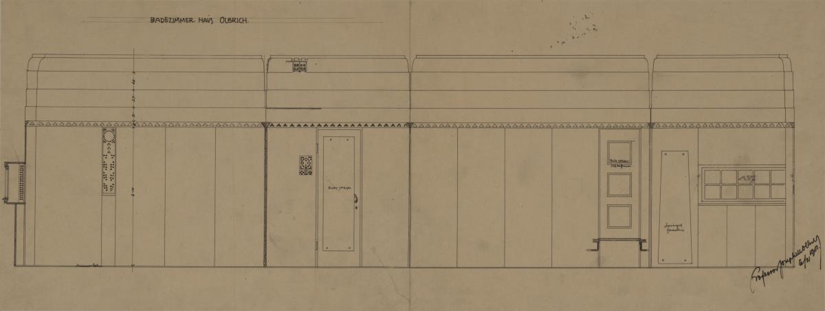 Darmstadt, Wohnhaus Olbrich, erstes Obergeschoss, Badezimmer, vier Wandaufrisse
