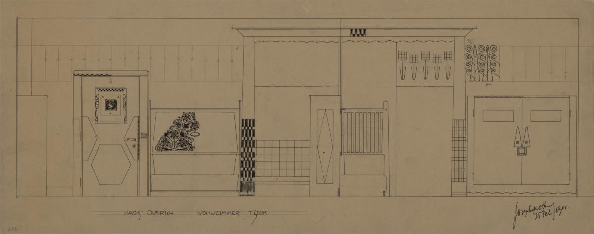 Darmstadt, Wohnhaus Olbrich, erstes Obergeschoss, Wohnzimmer, Aufrisse der Nord und Ostwand