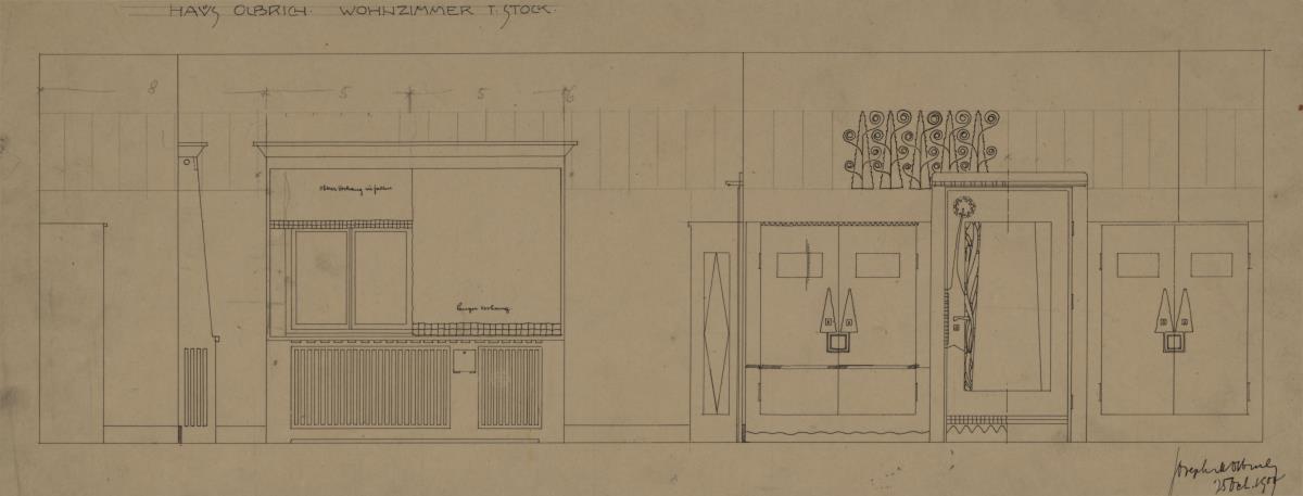 Darmstadt, Wohnhaus Olbrich, erstes Obergeschoss, Wohnzimmer, Aufrisse der Süd und Westwand, Seitenansicht der Fensterverkleidung der Südwand sowie der Schränke der Ostwand