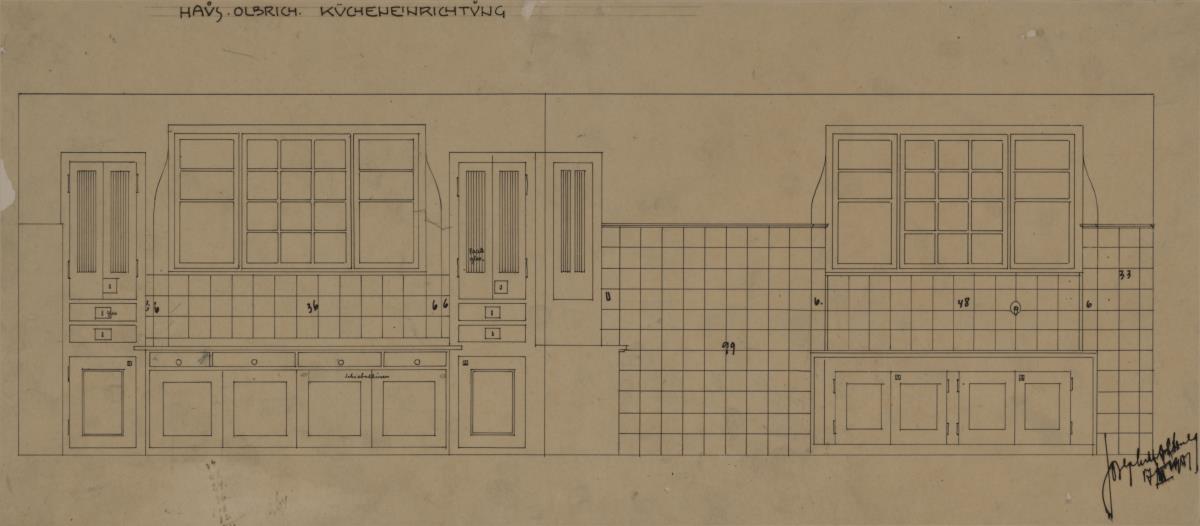 Darmstadt, Wohnhaus Olbrich, Kellergeschoss, Küche, Aufrisse der Nord und Ostwand