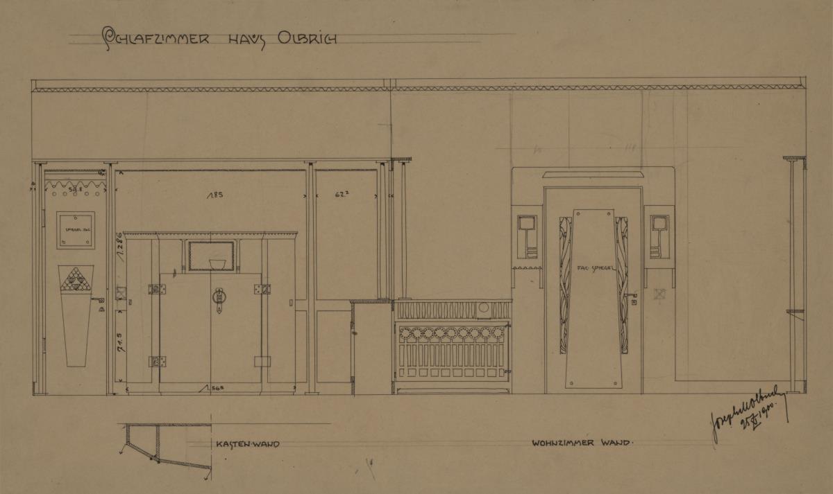 Darmstadt, Wohnhaus Olbrich, erstes Obergeschoss, Schlafzimmer, Aufrisse der Nord uund Ostwand sowie Schrankgrundriss