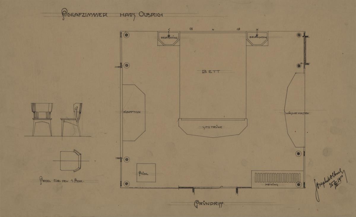 Darmstadt, Wohnhaus Olbrich, erstes Obergeschoss, Schlafzimmer, Grundriss mit Möblierungsplan sowie Grundriss, Aufriss und Seitenansicht eines Stuhls