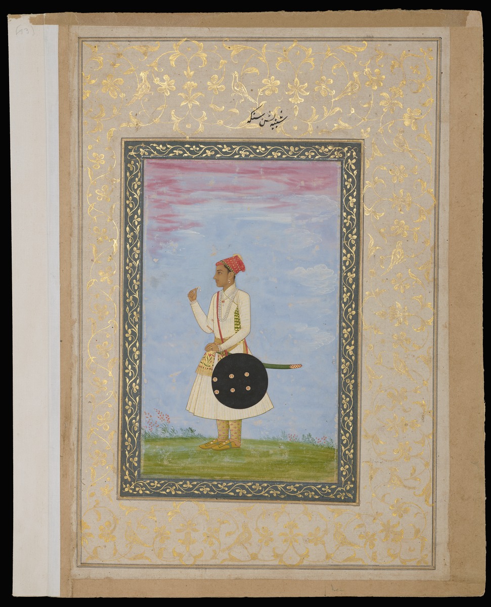 Porträt von Bishan Singh, Rahmen mit floralen Ornamenten und Vögeln