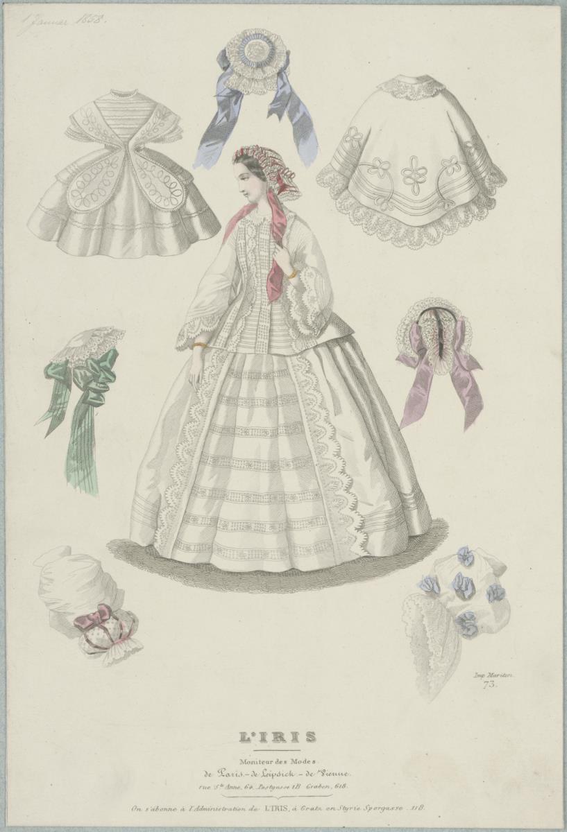 L'Iris – Moniteur des Modes: Lingerie: Dame in Toilette du coin du feu, Häubchen, Unterärmel, Kinderkleid, Kinderpaletot
