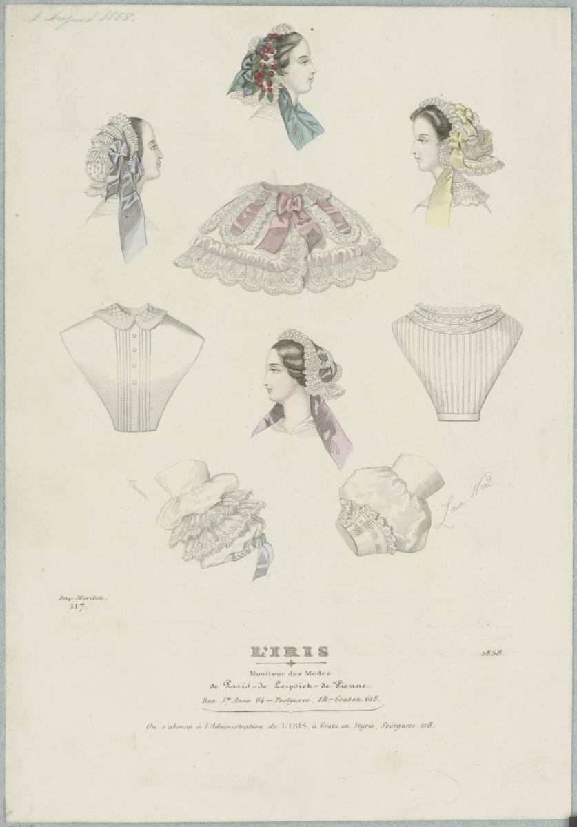 L'Iris – Moniteur des Modes: Lingerie: Spitzenhäubchen, Chemisettes, Unterärmel, Tüllkragen