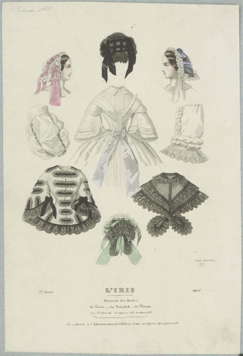 L'Iris – Moniteur des Modes: Lingerie: Spitzenhäubchen, Peignoir, Unterärmel, Canezou, Spitzenpelerine
