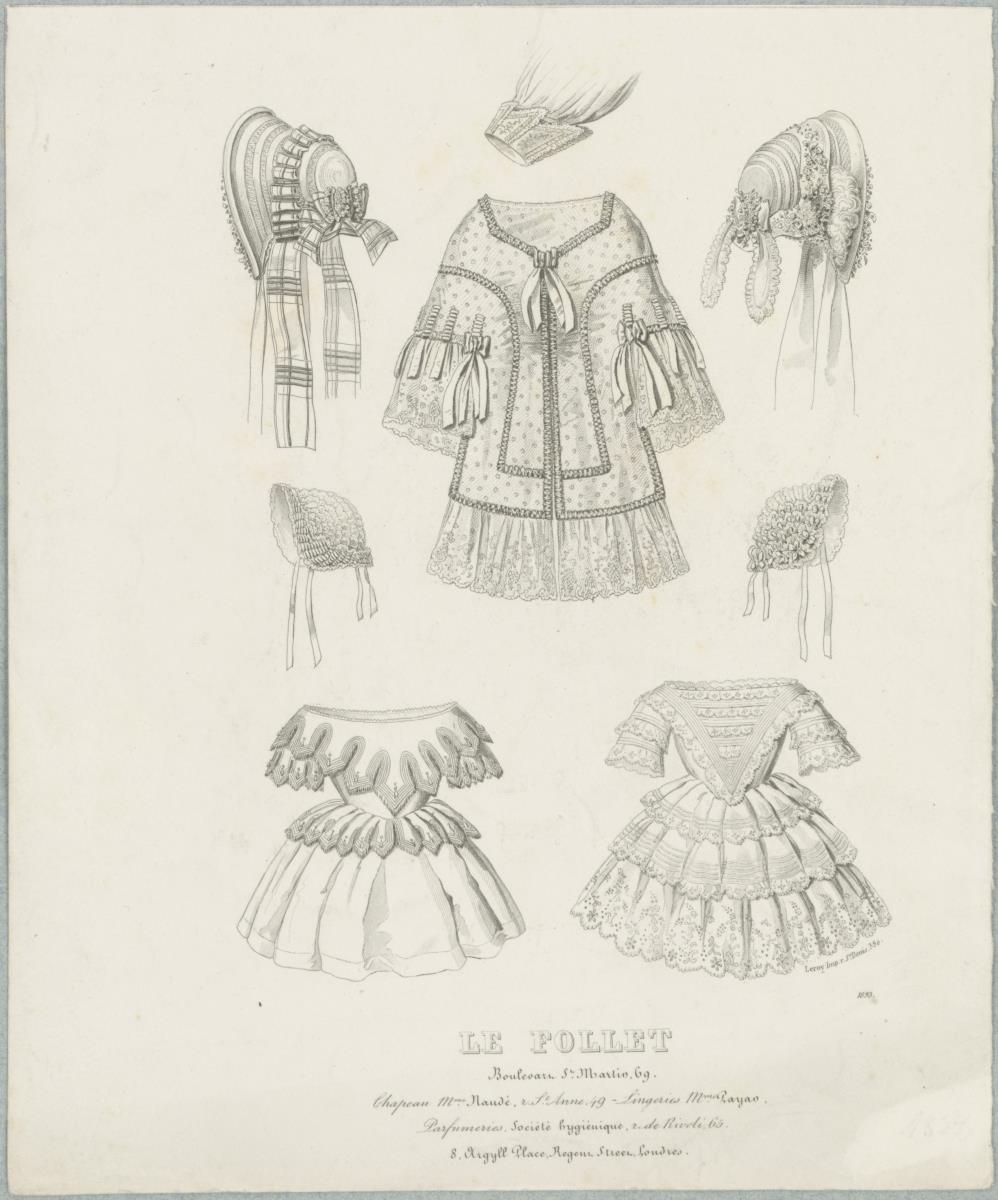 Le Follet: Accessoires und einzelne Kleidungsstücke: Kapottenhüte, Kinderkleider, Mantelet, Spitzenmanschette