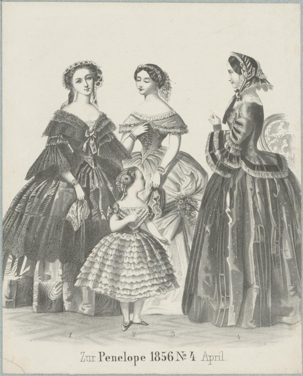 Penelope 1856 No. 4 April: zwei Damen und ein Mädchen in Gesellschafts-, Ball- und Promenadentoiletten