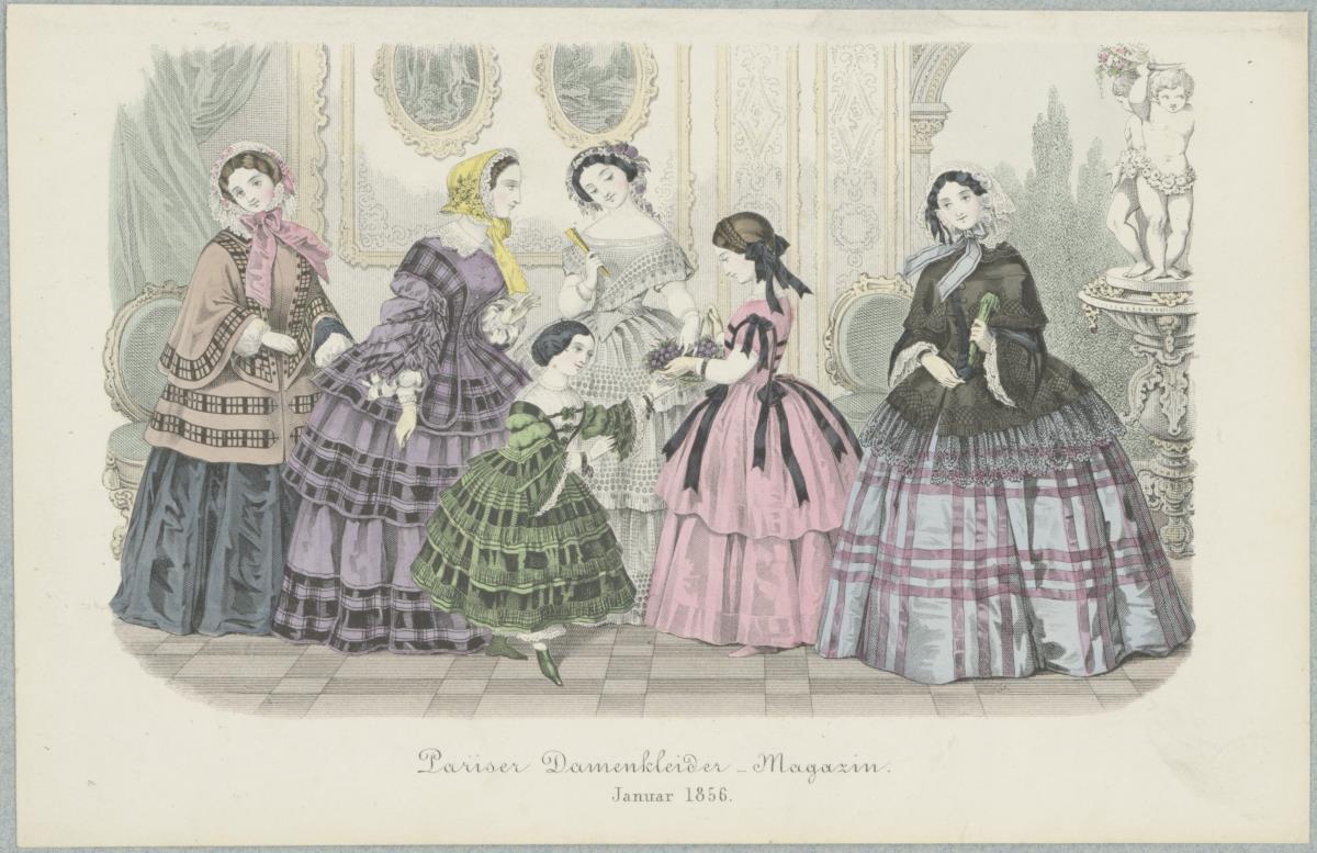 Pariser Damenkleider-Magazin, Januar 1856: vier Damen und zwei Mädchen in Promenaden-, Besuchs-, Haus-, Gesellschafts- und Balltoiletten
