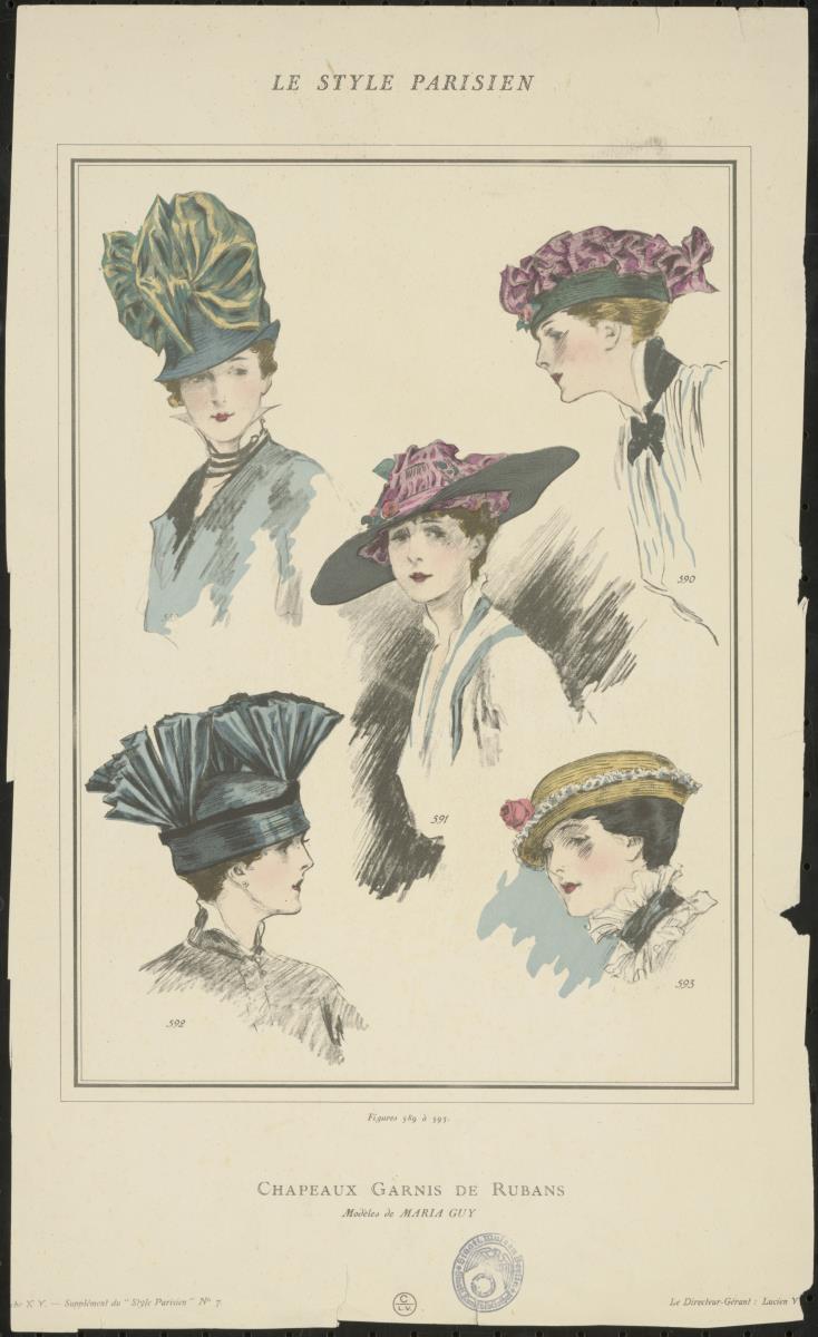 Le Style Parisien: Hüte mit Bändergarnitur von Maria Guy, rückseitig Blusenmodelle