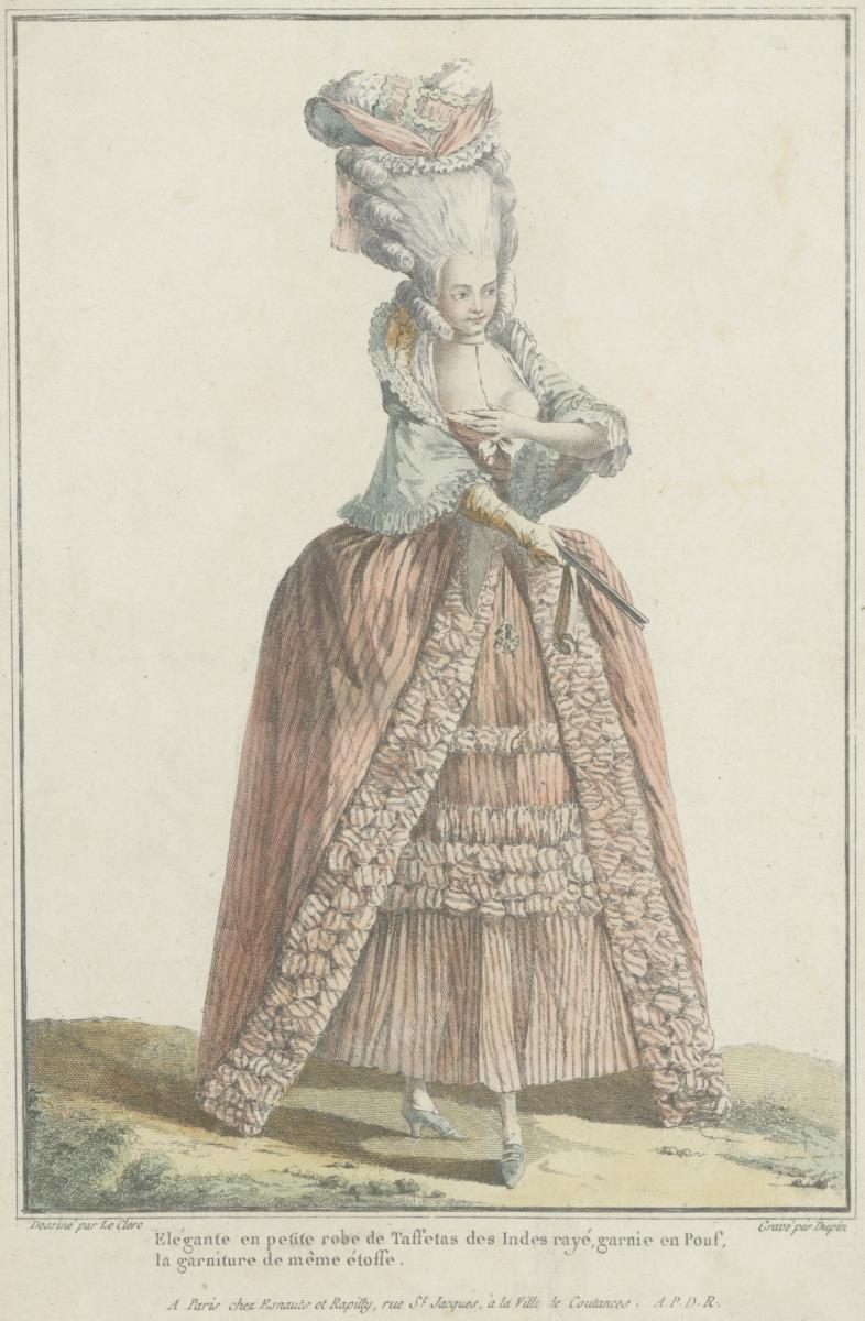 Gallerie des Modes et du Costume Français: Elégante en petite robe de Taffetas des Indes rayé. J.50