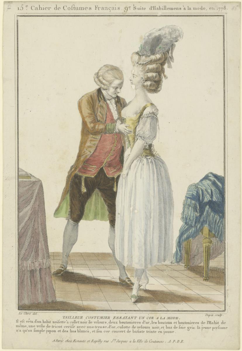 Gallerie des Modes et du Costume Français: Tailleur Costumier essayant un corps à la mode. P.85