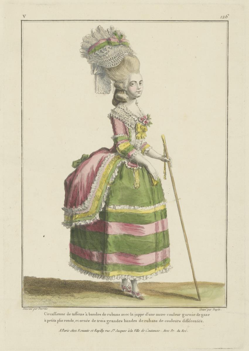Gallerie des Modes et du Costume Français: Circassienne de taffetas à bandes de rubans. V.126