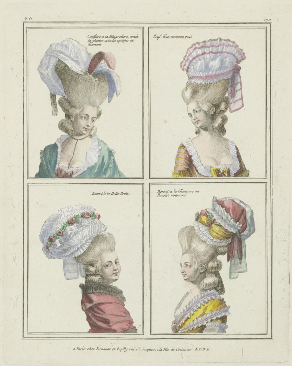Gallerie des Modes et du Costume Français: Coiffure à la Mingreliene, Pouf d'un nouveau gout, Bonnet à la Belle Poule. ee.170
