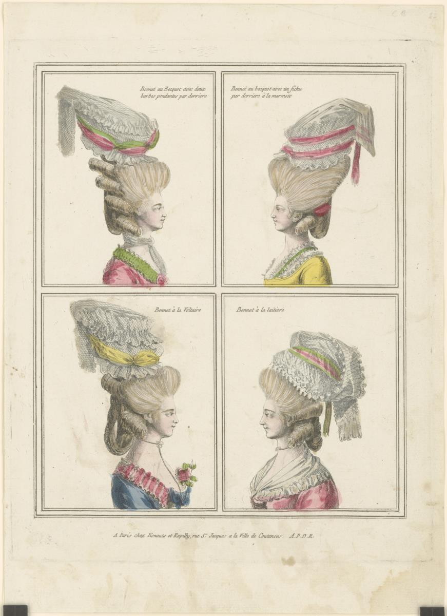 Gallerie des Modes et du Costume Français: Bonnet au Becquot, Bonnet à la Voltaire. C.18