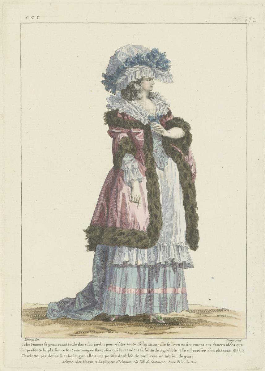 Gallerie des Modes et du Costume Français: jolie femme se promenant seule dans son jardin. ccc.297