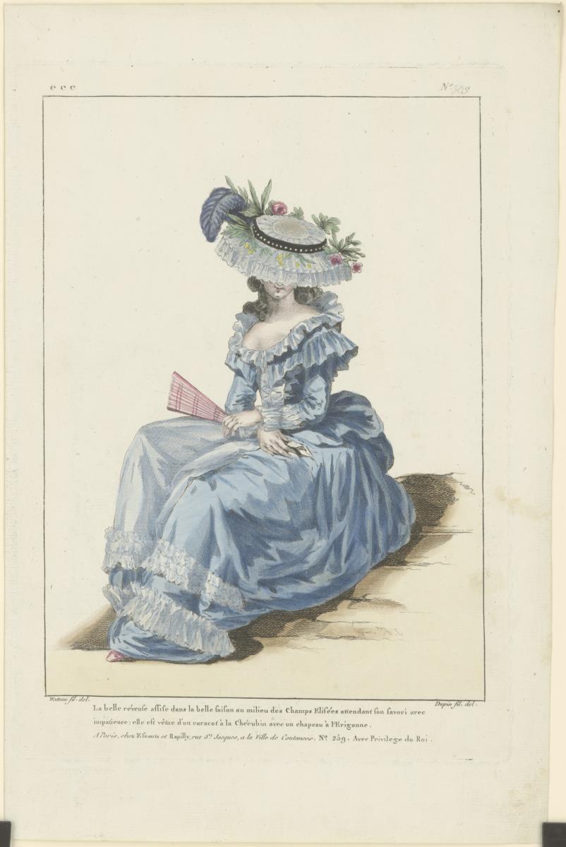 Gallerie des Modes et du Costume Français: La belle réveuse assise dans la belle saison au milieu des Champs Elisées. eee.309