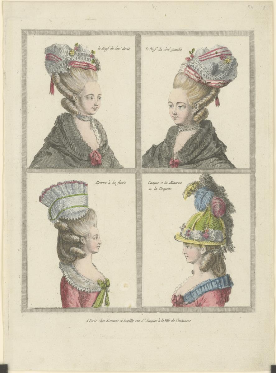 Gallerie des Modes et du Costume Français: le Pouf du côté droit, le Pouf du côté gauche, Bonnet à la fusée. A.4