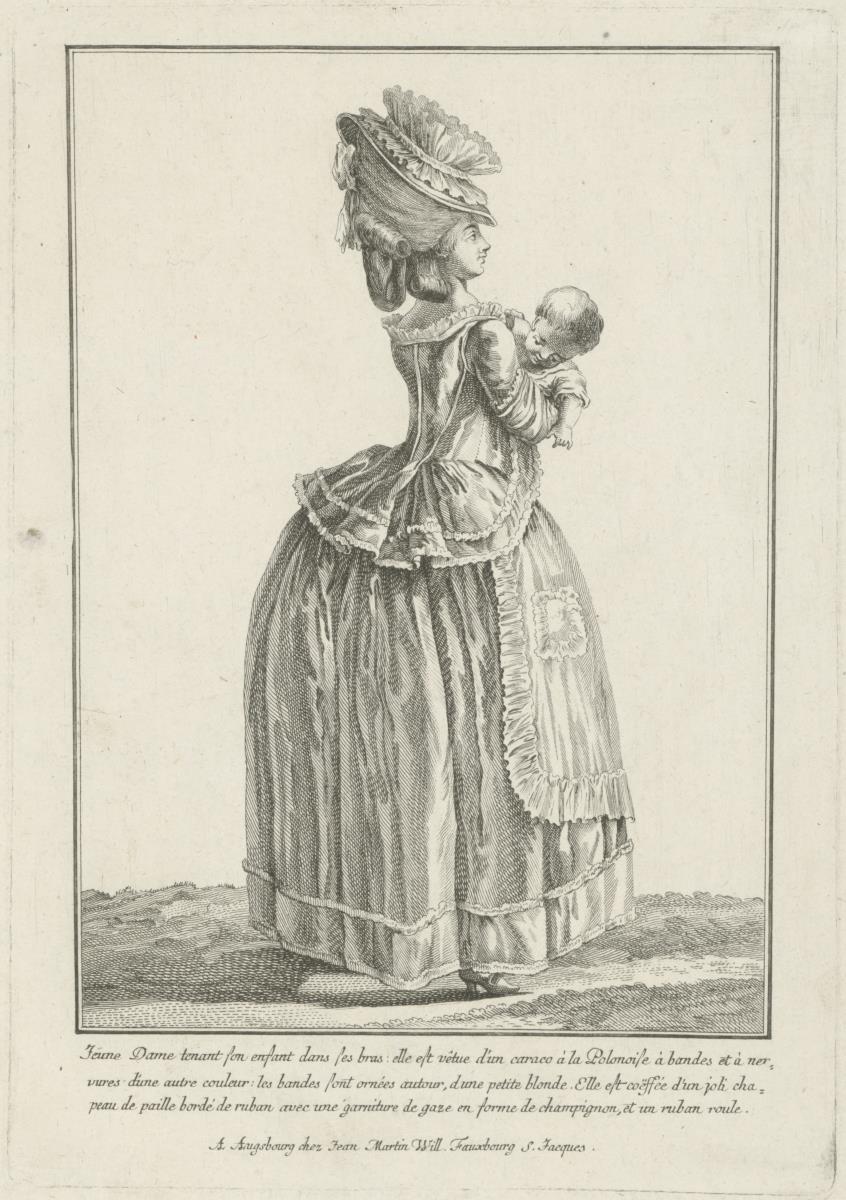Gallerie des Modes et Costumes Français: Jeune femme tenant son enfant dans les bras. cc.160