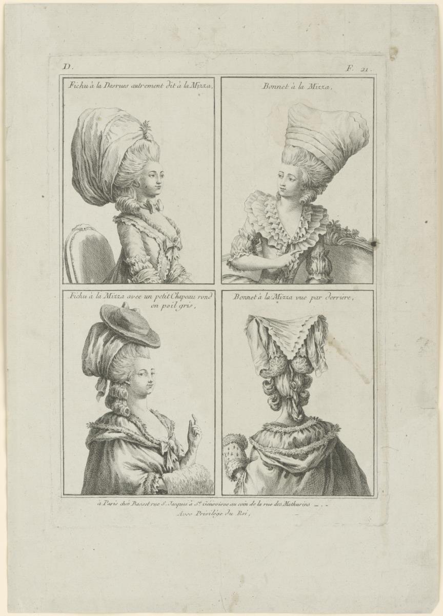Collection d'Habillement Modernes et galants: Fichu à la Desrues, Bonnet à la Mizza, Fichu à la Mizza