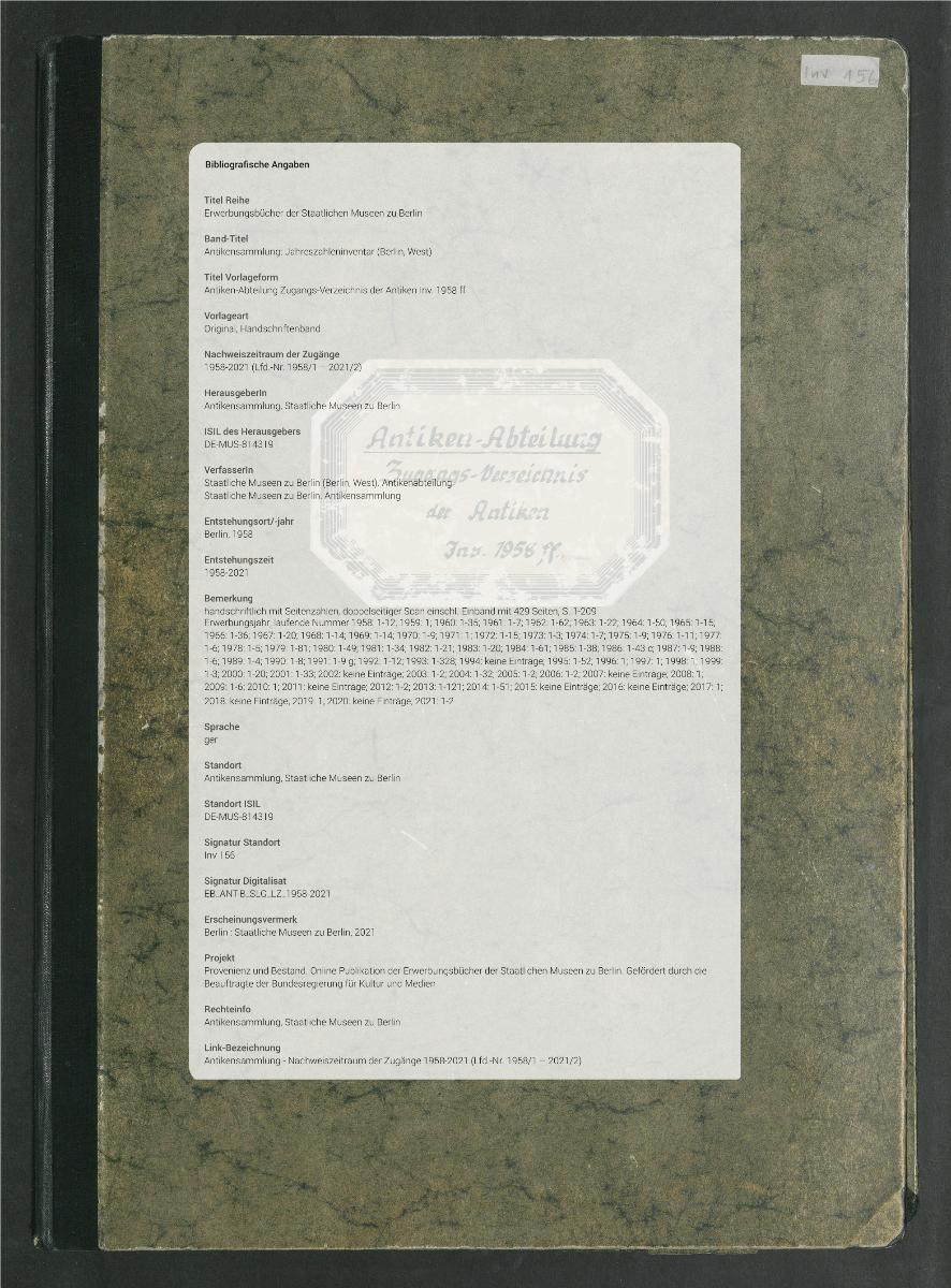 Antiken-Abteilung Zugangs-Verzeichnis der Antiken Inv. 1958 ff