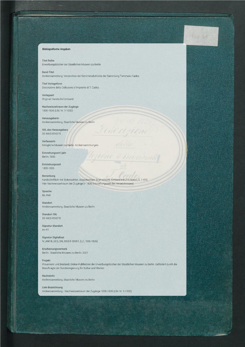 Descrizione della Collezione d`Impronte di T. Cades