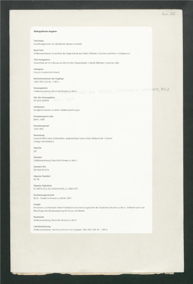 Verzeichnis der im Antiquarium befindlichen Gegenstände in Metall, Elfenbein, Knochen, Holz.