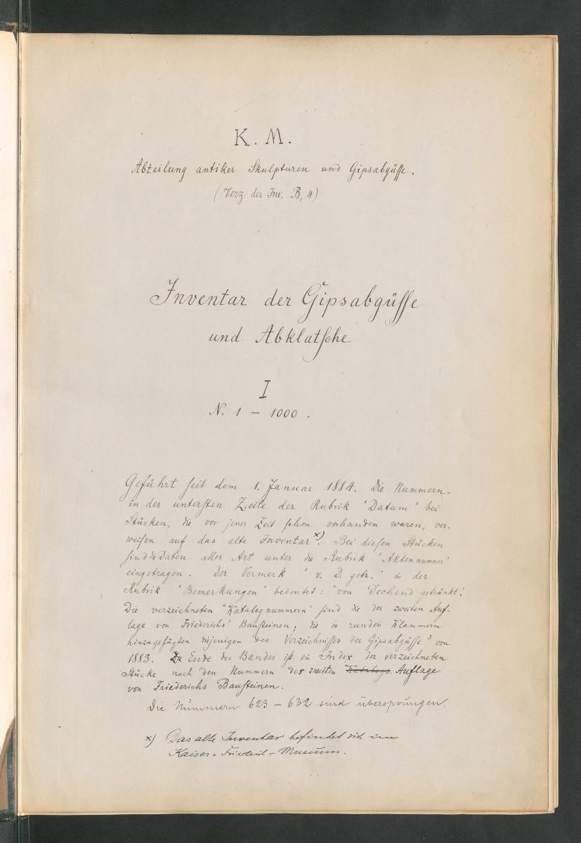 K. M. Abteilung antiker Skulpturen und Gipsabgüsse. (Verz. der Inv. B, 4) Inventar der Gipsabgüsse und Abklatsche I No. 1-1000.
