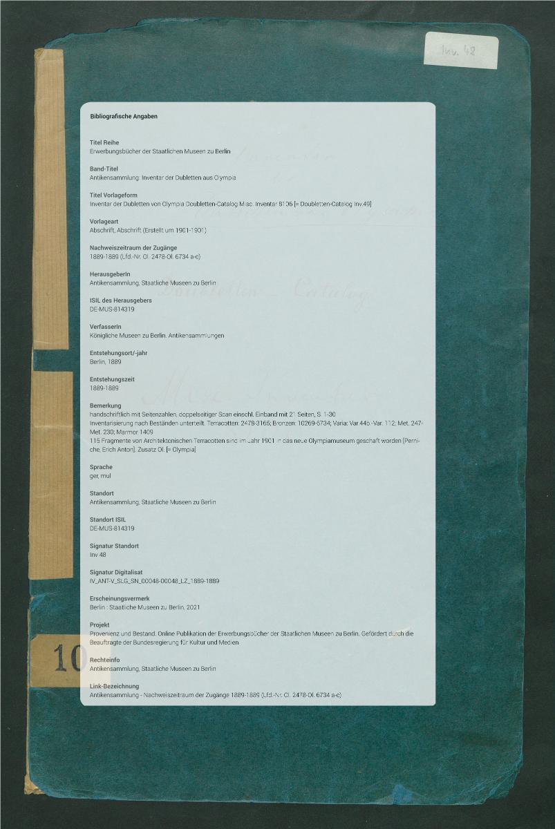 Inventar der Dubletten von Olympia Doubletten-Catalog Misc. Inventar 8106 [= Doubletten-Catalog Inv.49]
