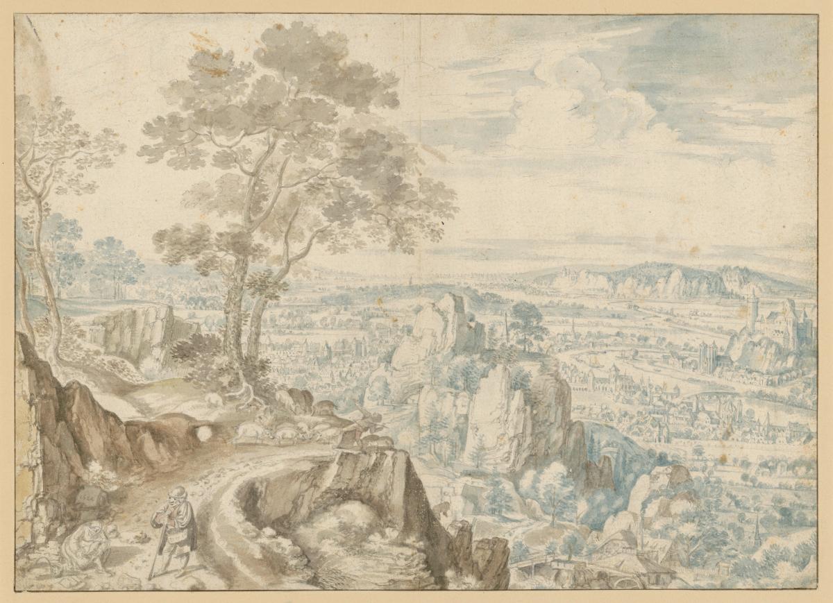 Landschaft mit Felsklippen und Blick in eine weite Ebene