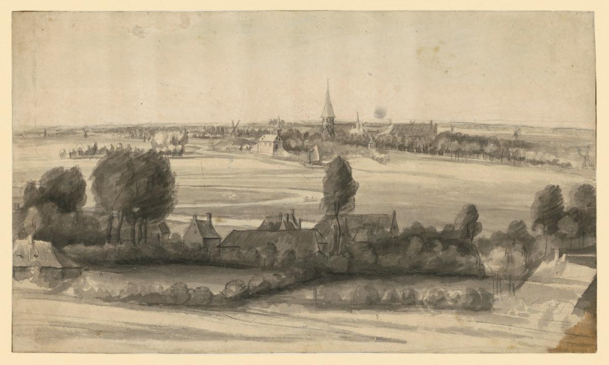 Flachlandschaft mit Häusern und Gärten, im Hintergrund eine Ortschaft