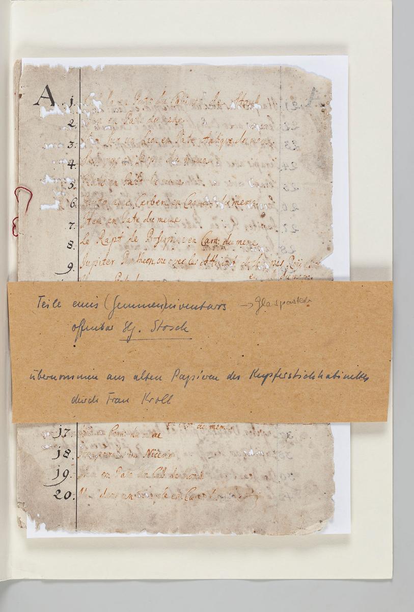 Teile eines (Gemmen)inventars offenbar Slg. Stosch übernommen aus alten Papieren des Kupferstichkabinetts durch Frau [Renate] Kroll