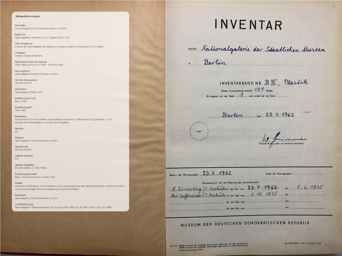 Inventar der Nationalgalerie der Staatlichen Museen in Berlin Inventarband Nr. B III, Plastik