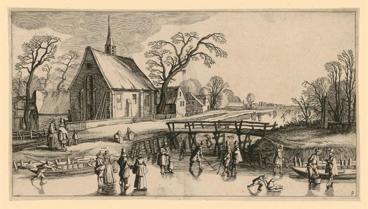 Winterlandschaft mit Eisläufern bei einem Dorf, Blatt 9 aus der Folge "Playsante landschappen ende vermakelycke gesichten"