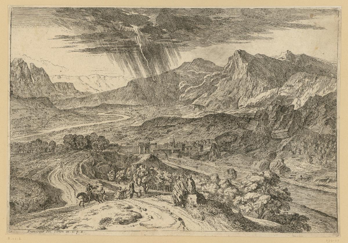 Arkadische Landschaft mit Figuren auf einem Weg während eines Gewitters, aus der Folge: Suite de Paysages