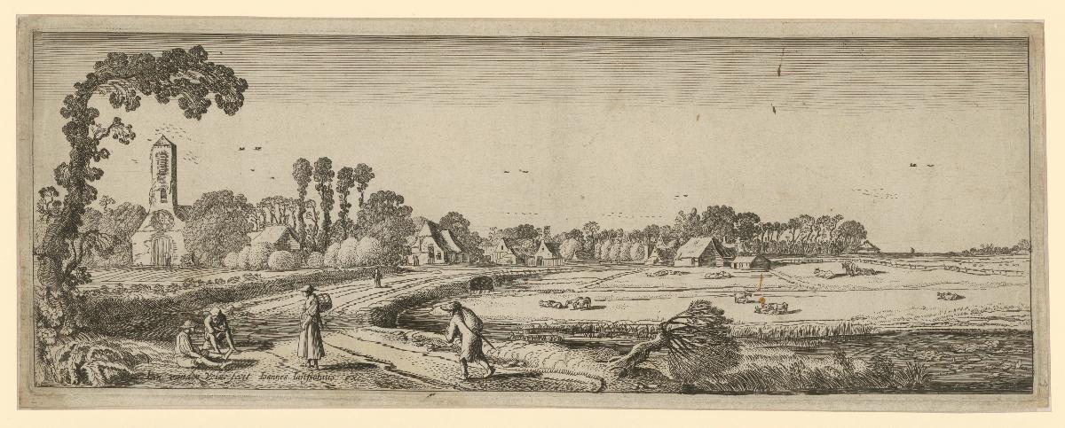 Straße, die zu einem Dorf führt, aus einer achtteiligen Folge mit querformatigen Landschaften