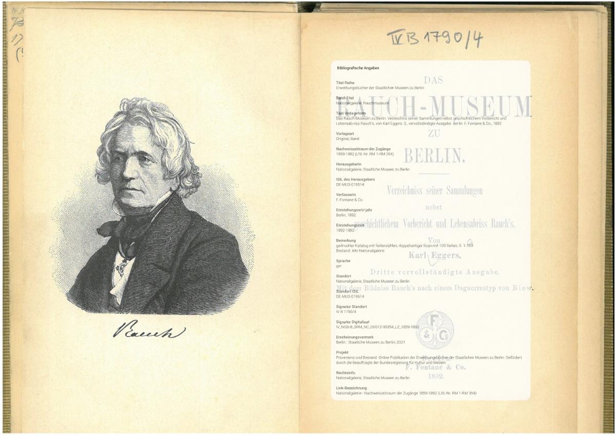 Das Rauch-Museum zu Berlin. Verzeichnis seiner Sammlungen nebst geschichtlichem Vorbericht und Lebensabriss Rauch's, von Karl Eggers. 3., vervollständigte Ausgabe. Berlin: F. Fontane & Co., 1892