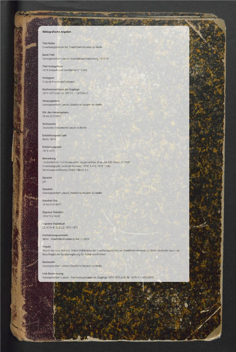 1874 Ankäufe und Geschenke N° 1-369
