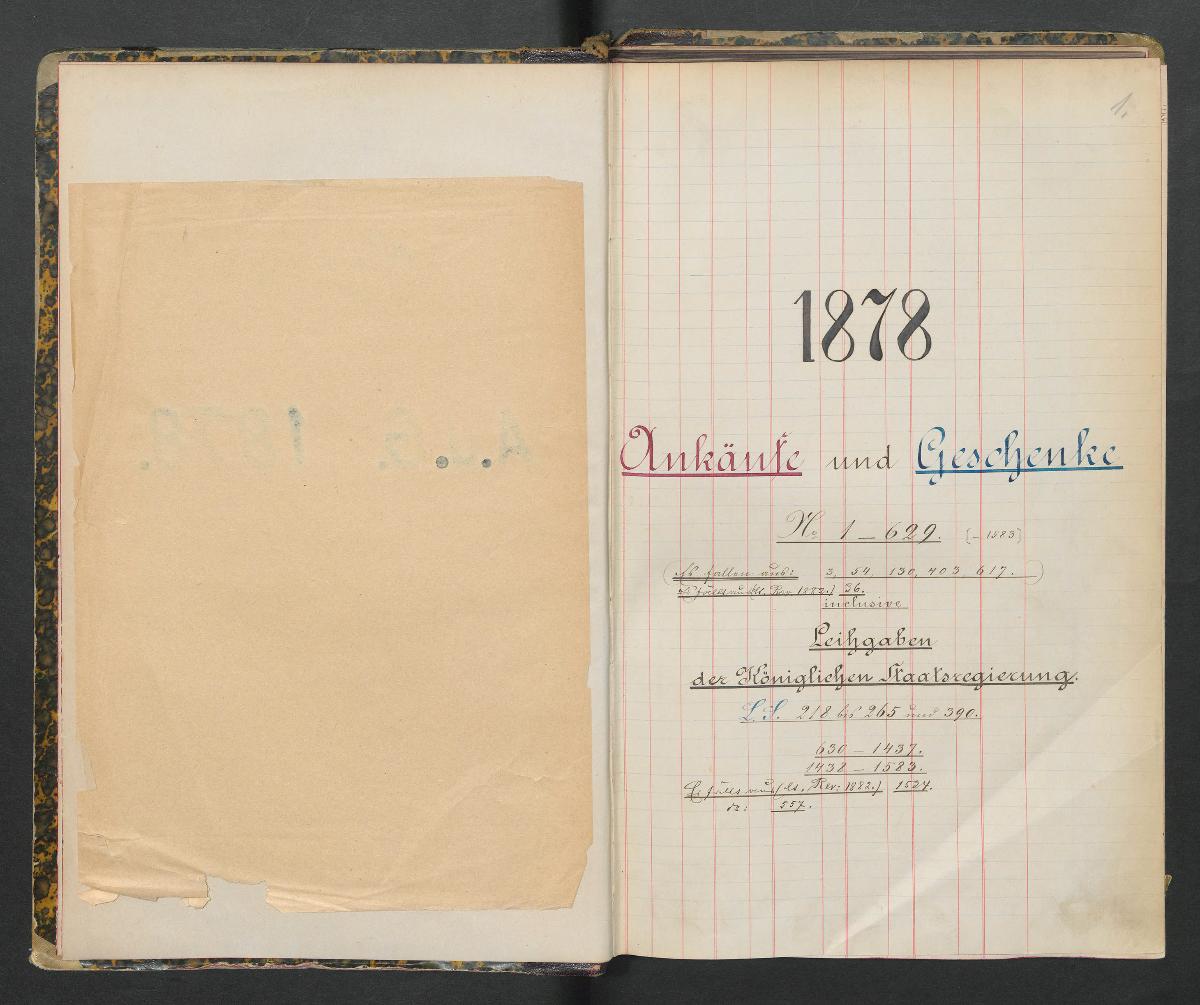 1878 Ankäufe und Geschenke N° 1-629. [– 1583] inclusive Leihgaben der Königlichen Staatsregierung  L. S. 218 bis 265 und 390