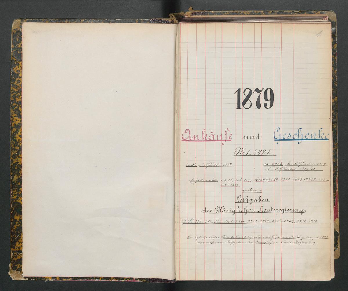 1879 Ankäufe und Geschenke N° 1-2928. inclusive Leihgaben der Königlichen Staatsregierung  L. S.386, 517-523, 1101-2240, 2301-2469, 2736-2757, 2759-2770