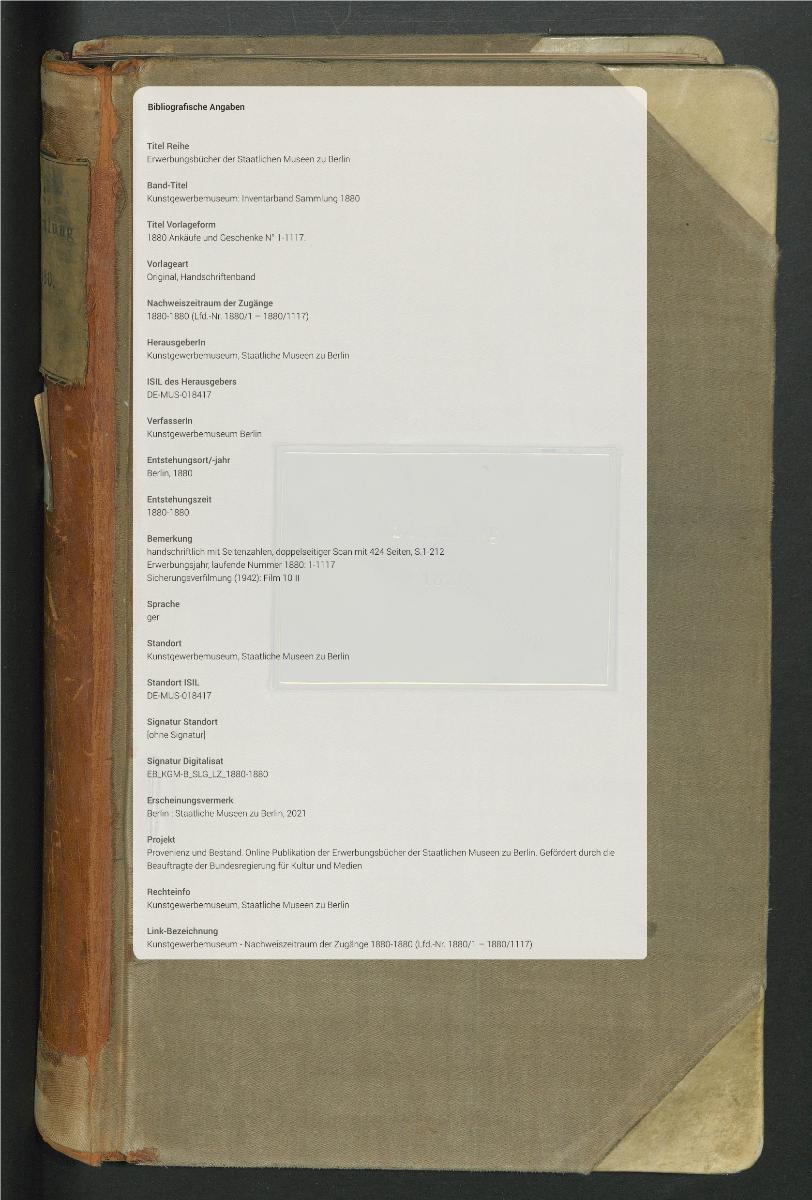 1880 Ankäufe und Geschenke N° 1-1117.