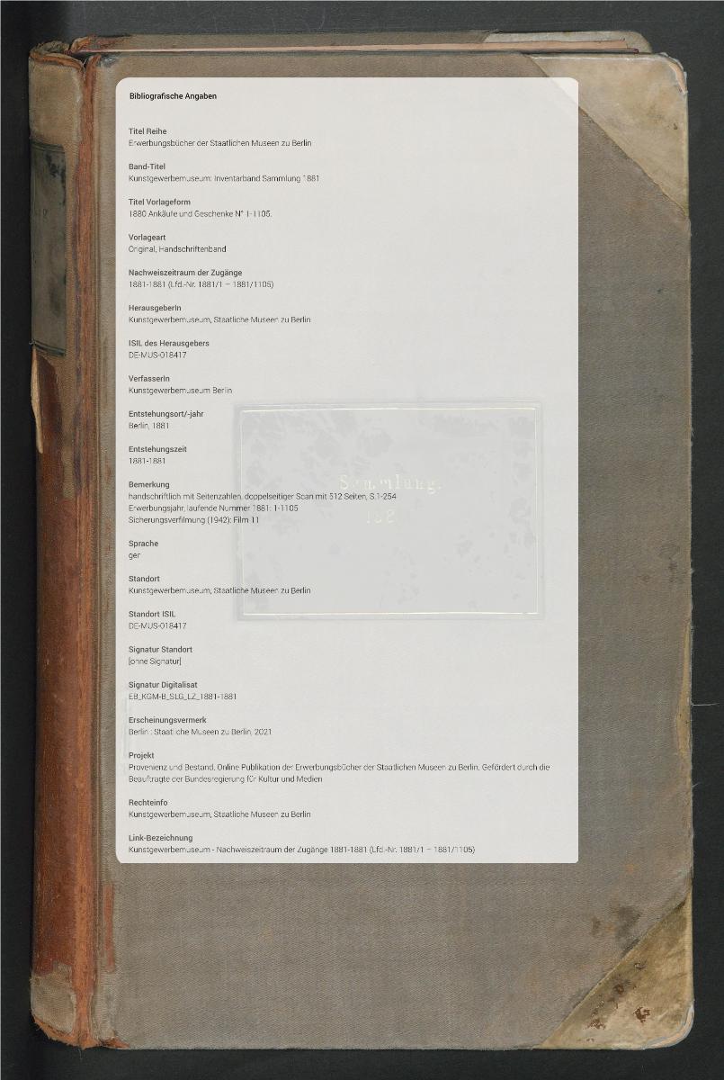 1881 Ankäufe und Geschenke N° 1-1105.