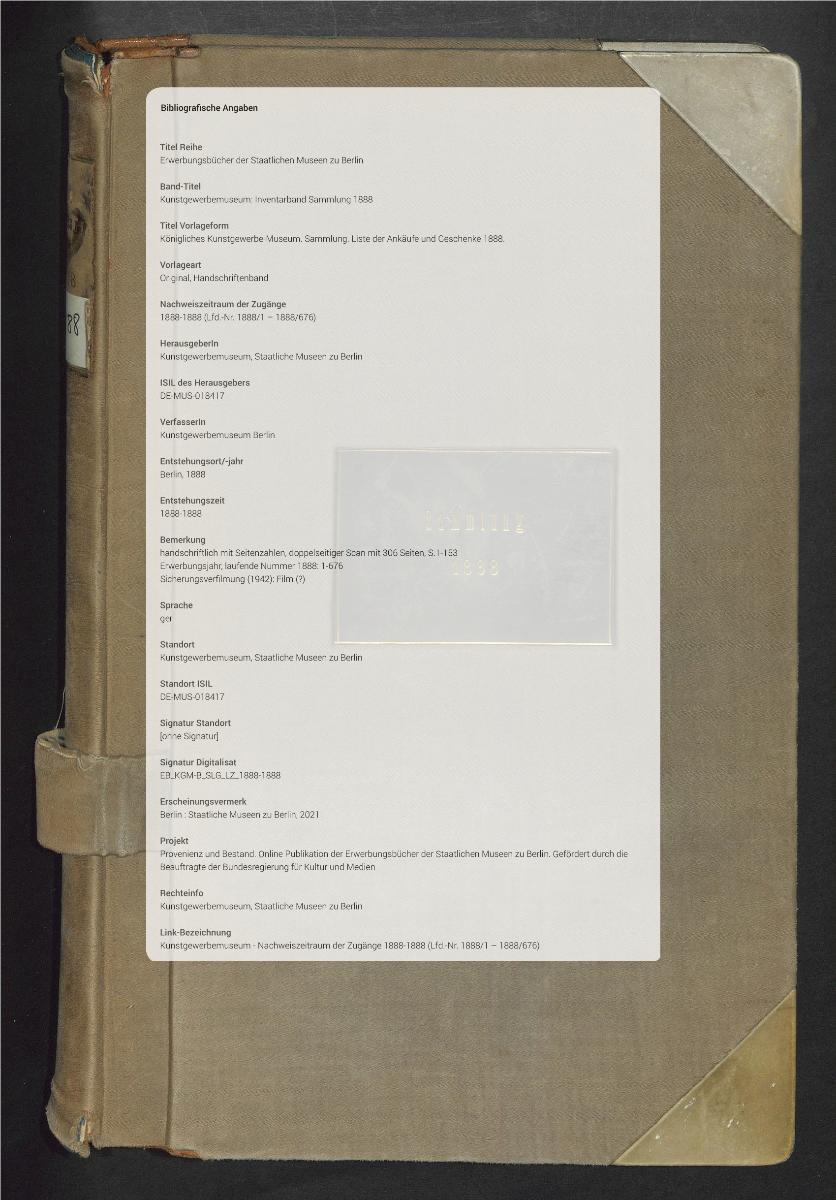 Königliches Kunstgewerbe-Museum. Sammlung. Liste der Ankäufe und Geschenke 1888.
