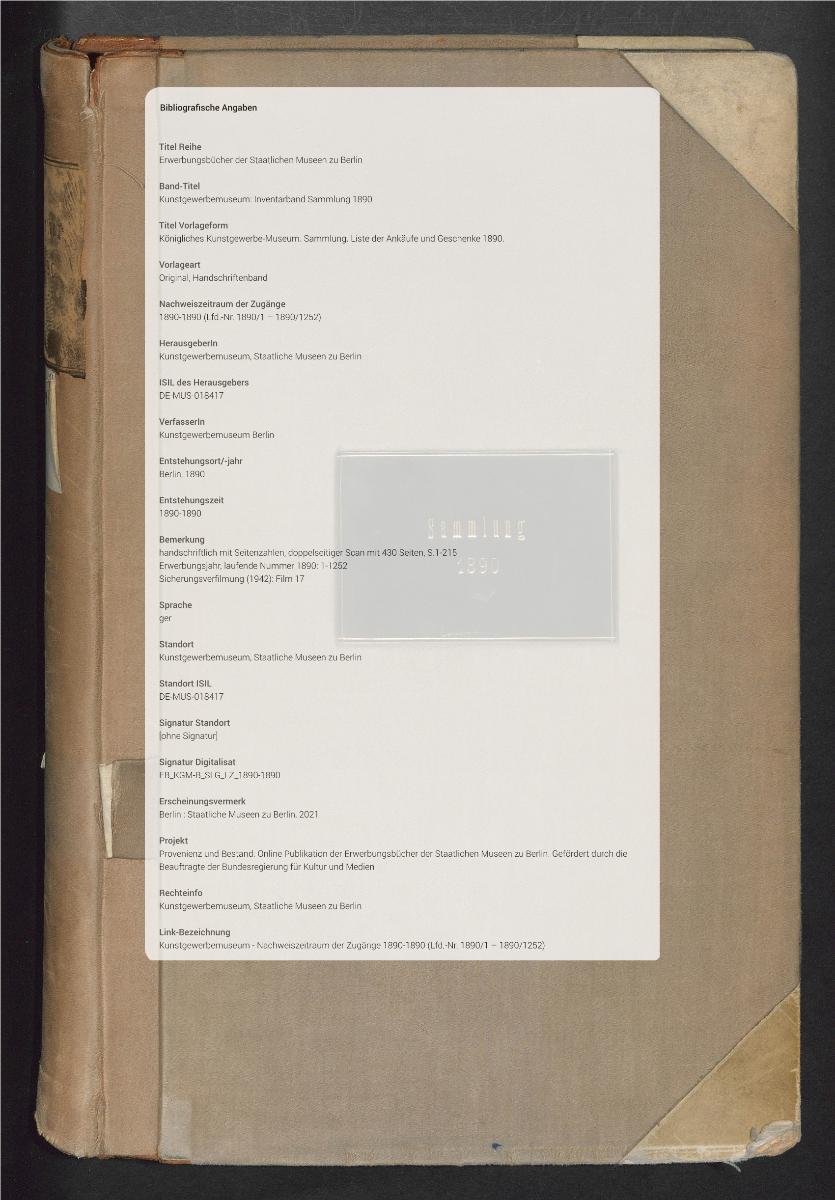 Königliches Kunstgewerbe-Museum. Sammlung. Liste der Ankäufe und Geschenke 1890.
