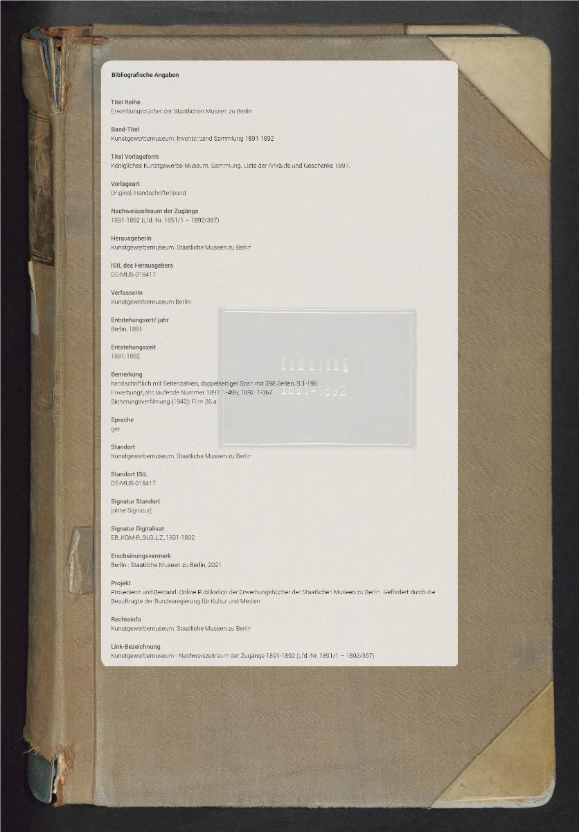Königliches Kunstgewerbe-Museum. Sammlung. Liste der Ankäufe und Geschenke 1891.