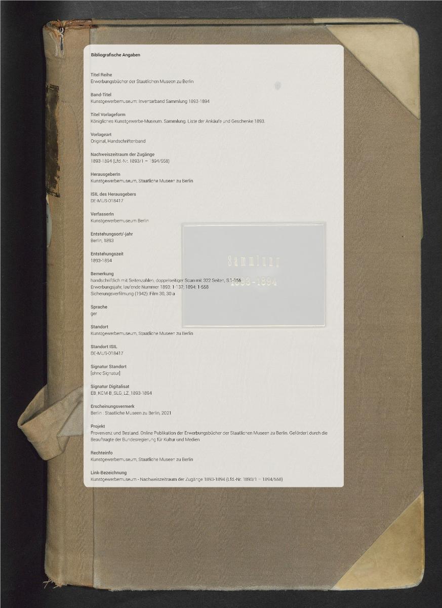 Königliches Kunstgewerbe-Museum. Sammlung. Liste der Ankäufe und Geschenke 1893.